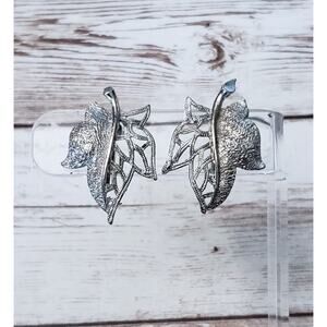 Vintage Clip On Earrings Silver Tone Ornate Flower 1.25"